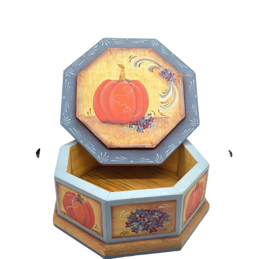 Pumpkin Painted Wooden Box Tole Paint Fall Harvest Thanksgiving Vintage Art